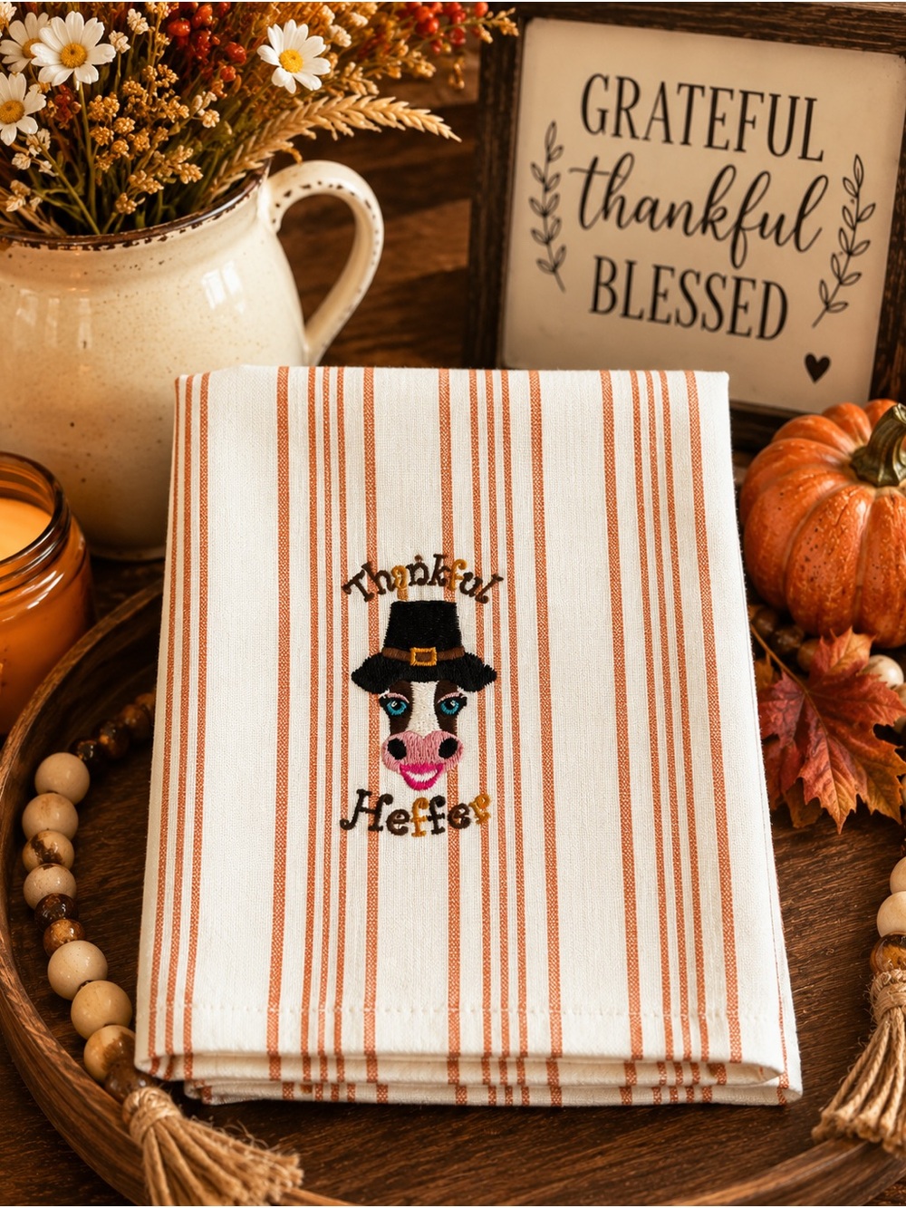Thankful Heffer Striped Cotton Kitchen Towel - White & Orange